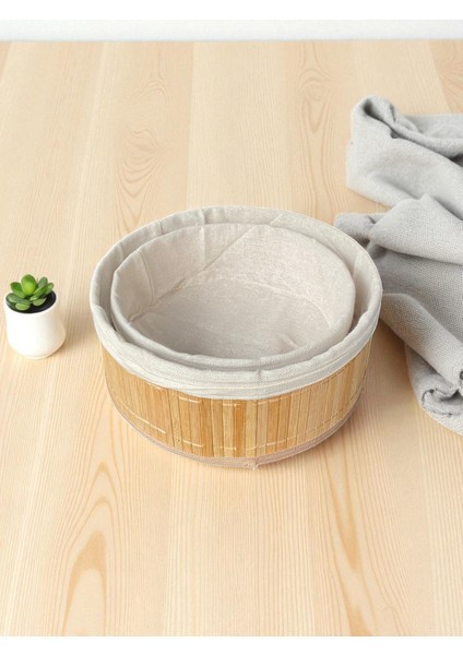 Doğal Bambu Kumaş Astarı Çıkarılabilir Yuvarlak Sepet Seti – 2’li Dekoratif ve Çok Amaçlı Organizer (Mutfak & Banyo Kullanımı)