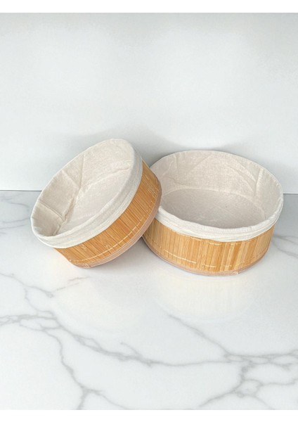 Doğal Bambu Kumaş Astarı Çıkarılabilir Yuvarlak Sepet Seti – 2’li Dekoratif ve Çok Amaçlı Organizer (Mutfak & Banyo Kullanımı)