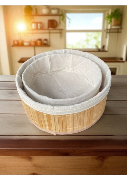 Doğal Bambu Kumaş Astarı Çıkarılabilir Yuvarlak Sepet Seti – 2’li Dekoratif ve Çok Amaçlı Organizer (Mutfak & Banyo Kullanımı)