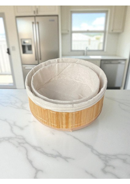 Doğal Bambu Kumaş Astarı Çıkarılabilir Yuvarlak Sepet Seti – 2’li Dekoratif ve Çok Amaçlı Organizer (Mutfak & Banyo Kullanımı)