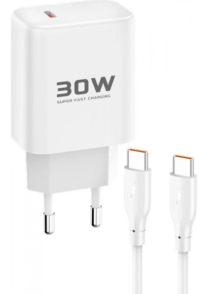 JK89 30W Type-C Çıkışlı Ekstra DC67 1m Type-C To Type-C Kablolu Pd Şarj Cihazı - Beyaz