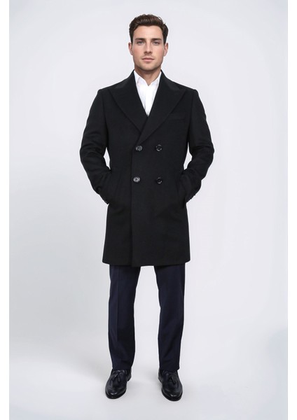 Kruvaze Sivri Yaka Yün ve Kaşmir Karışımlı Siyah Kaban