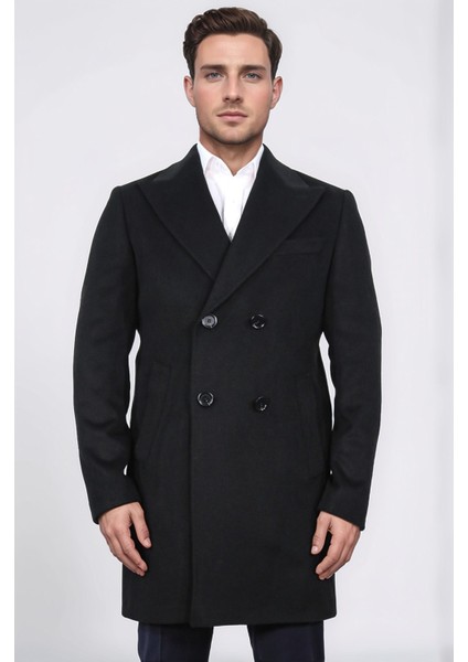 Kruvaze Sivri Yaka Yün ve Kaşmir Karışımlı Siyah Kaban fiyatları