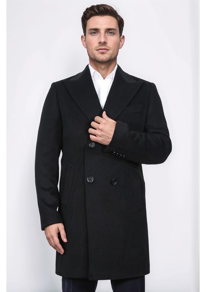 Kruvaze Sivri Yaka Yün ve Kaşmir Karışımlı Siyah Kaban fırsatları