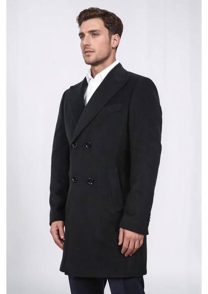 Kruvaze Sivri Yaka Yün ve Kaşmir Karışımlı Siyah Kaban indirimleri