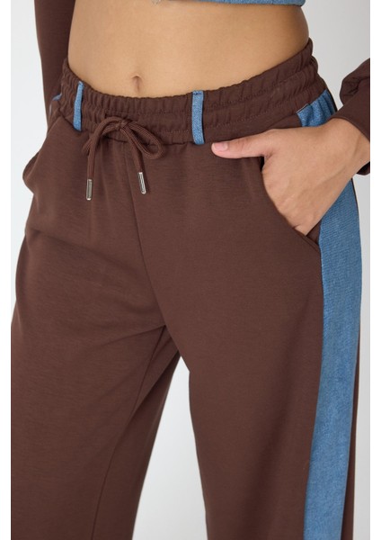 Denim Detaylı Kapşonlu Crop Eşofman Takım - Mavi-Kahverengi Mavi-Kahverengi - S indirimleri