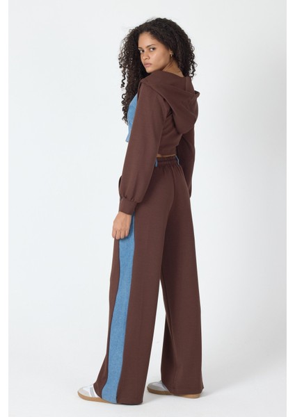 Denim Detaylı Kapşonlu Crop Eşofman Takım - Mavi-Kahverengi Mavi-Kahverengi - S