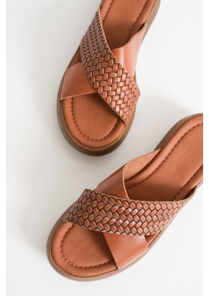 Modaserdem Fayn Taba Örgü Desenli Hakiki Deri Terlik