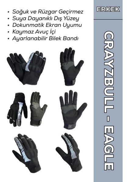 Crayzbull Eagle Gri / Su ve Rüzgar Geçirmez Kışlık Erkek Motosiklet Eldiveni L