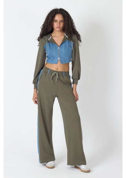 Denim Detaylı Kapşonlu Crop Eşofman Takım - Mavi-Yeşil Mavi-Yeşil - S