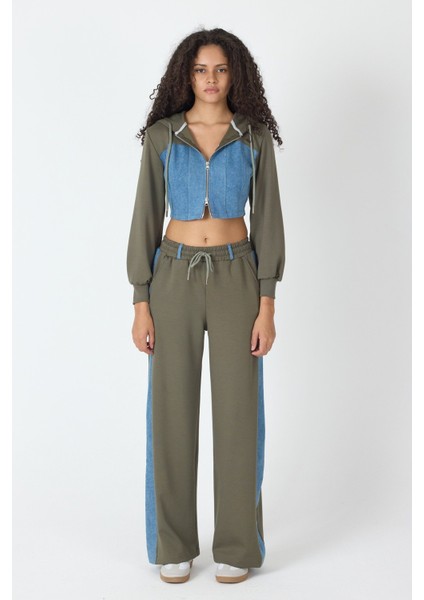 Denim Detaylı Kapşonlu Crop Eşofman Takım - Mavi-Yeşil Mavi-Yeşil - S fiyatları