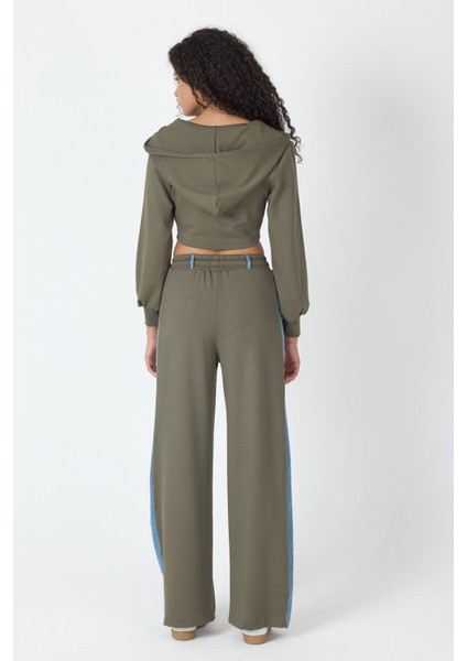 Denim Detaylı Kapşonlu Crop Eşofman Takım - Mavi-Yeşil Mavi-Yeşil - S fırsatları