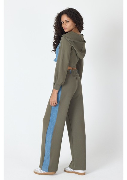 Denim Detaylı Kapşonlu Crop Eşofman Takım - Mavi-Yeşil Mavi-Yeşil - S indirimleri