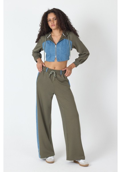 Denim Detaylı Kapşonlu Crop Eşofman Takım - Mavi-Yeşil Mavi-Yeşil - S