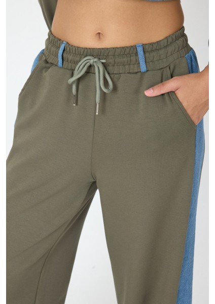 Denim Detaylı Kapşonlu Crop Eşofman Takım - Mavi-Yeşil Mavi-Yeşil - S