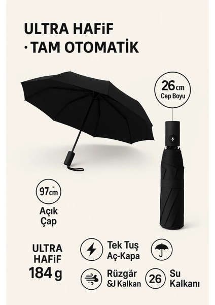 Siyah Kompakt Otomatik Şemsiye – Unisex, 8 Telli, Rüzgarda Kırılmaya Dayanıklı, Kılıflı