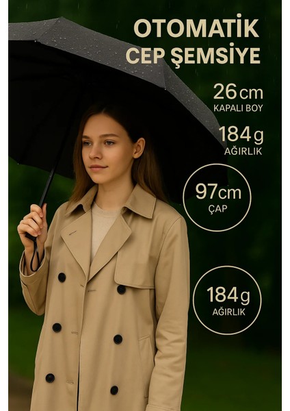 Siyah Kompakt Otomatik Şemsiye – Unisex, 8 Telli, Rüzgarda Kırılmaya Dayanıklı, Kılıflı fiyatları