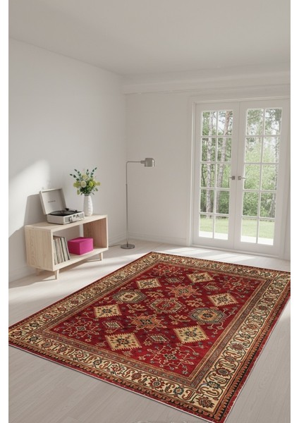 Gelenekten Ilham, Modernlikten Stil Kırmızı Desenli Kaymaz Taban Salon Halısı