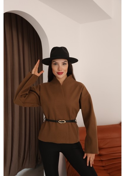 Kahverengi Kaşe Kruvaze Düşük Omuz ve Kemer Detaylı Kadın Ceket