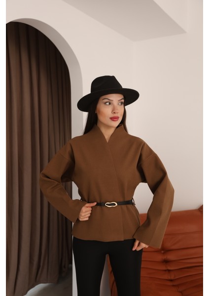 Kahverengi Kaşe Kruvaze Düşük Omuz ve Kemer Detaylı Kadın Ceket fiyatları