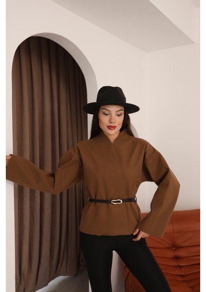 Kahverengi Kaşe Kruvaze Düşük Omuz ve Kemer Detaylı Kadın Ceket indirimleri
