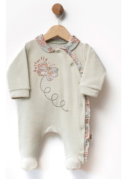 Butterfly Nakışlı Patikli Kadife Tulum - Yeşil - 1 Ay - FLE214173-YEŞIL-1 Ay Yeşil