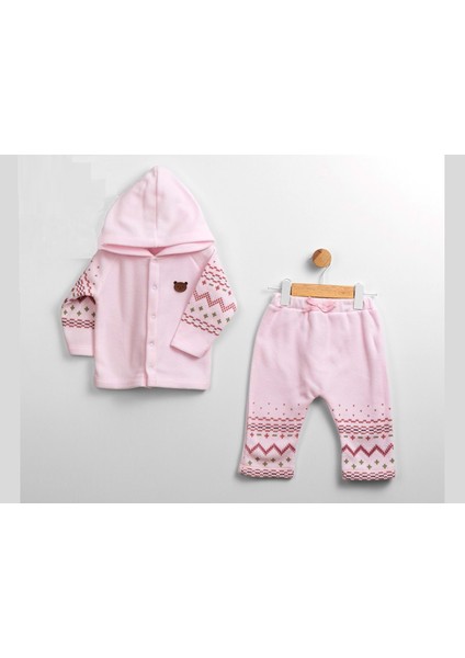 Desenli Kapüşonlu Çıtçıtlı Welsoft Ikili Alt Üst Takım - Pembe - 6 - 9 Ay - FLE248061-PEMBE-6 - 9 Ay Pembe