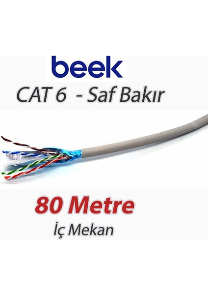 Cat6 80 Metre Saf Bakır F-Utp Iç Mekan Data Kablosu Awg 23 1/0.4tc Od:7.5mm Lszh Gri Renk