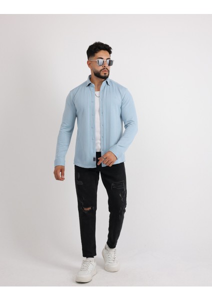 Likralı Örme Waffle Klasik ve Modern Erkek Gömlek