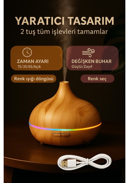 550 ml Işıklı Ultrasonik Hava Nemlendirici – Sessiz Buhar Makinesi & Aroma Difüzör