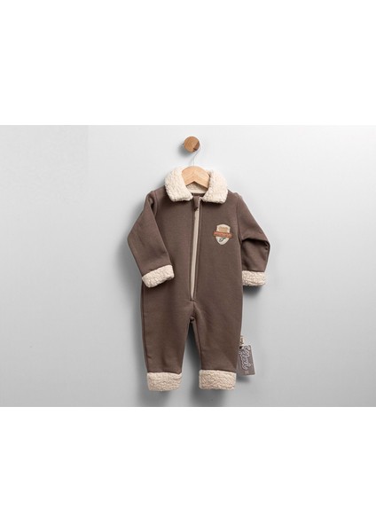 Peluş Detaylı Ayı Nakılı Fermuarlı Iki Iplik Şardonlu Tulum - Vizon - 6 Ay - FLE252319-VIZON-6 Ay Vizon