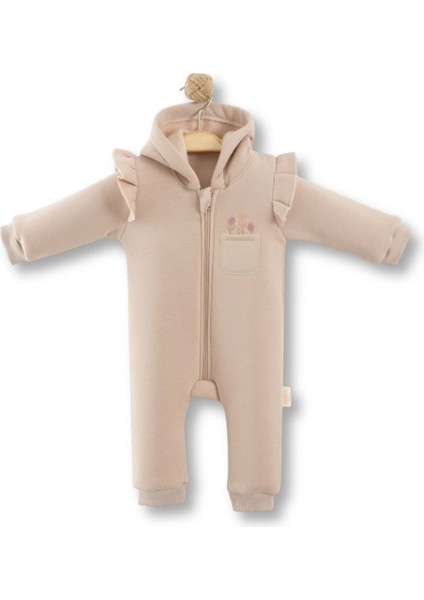 Kapüşonlu Çiçek Nakışlı Üç Iplik Şardonlu Tulum - Bej - 9 - 12 Ay - NCX254059-BEJ-9 - 12 Ay Bej