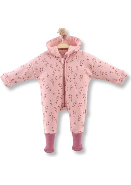 Kapüşonlu Çiçek Desenli Kaymaz Patikli Üç Iplik Şardonlu Tulum - Gül Kurusu - 0 - 3 Ay Gül Kurusu