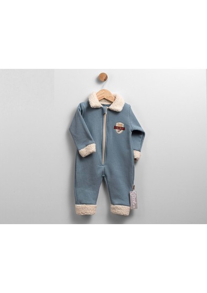 Peluş Detaylı Ayı Nakılı Fermuarlı Iki Iplik Şardonlu Tulum - Indigo - 6 Ay - FLE252319-İNDIGO-6 Ay Indigo