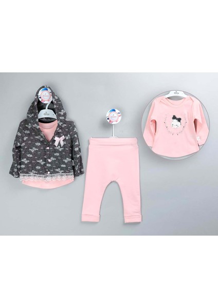 Dantelli Fiyonklu Hırkalı Alt Üst Takım - Pembe - 0 - 3 Ay Pembe