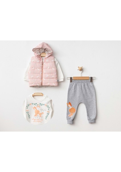 Tavşanlı Kapüşonlu Şişme Yelekli Alt Üst Takım - Somon - 6 - 9 Ay - BBH581-SOMON-6 - 9 Ay Somon