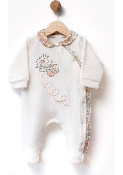 Butterfly Nakışlı Patikli Kadife Tulum - Ekru - 1 - 3 Ay - FLE214173-EKRU-1 - 3 Ay Ekru