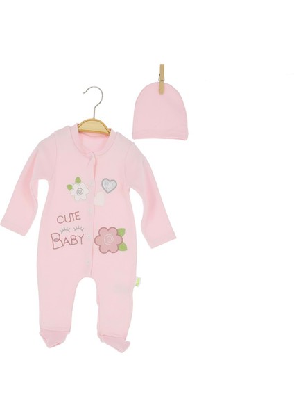 Papatya Kalp Nakışlı Şapkalı Patikli Penye Tulum - Pembe - 3 - 6 Ay - HYT1249-PEMBE-3 - 6 Ay Pembe