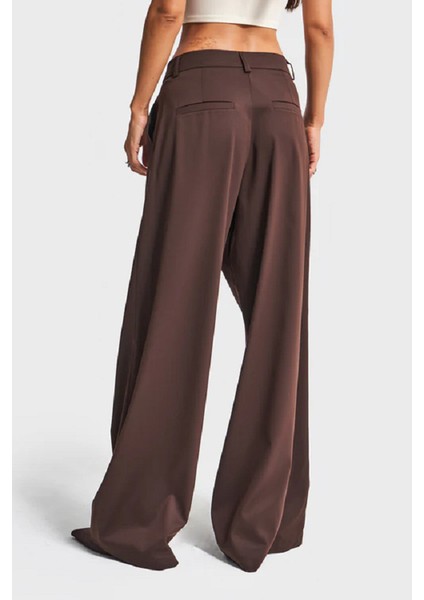 Its Basic Itsbasic Kadın Kahverengi Palazzo Fit Pile ve Kemer Detaylı Viskon Koton Kumaş Pantolon