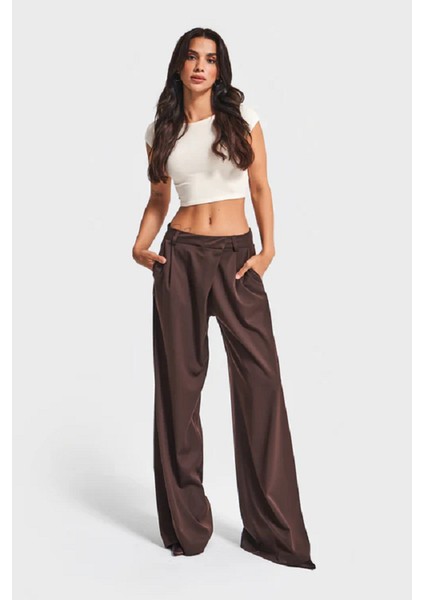 Its Basic Itsbasic Kadın Kahverengi Palazzo Fit Pile ve Kemer Detaylı Viskon Koton Kumaş Pantolon modelleri