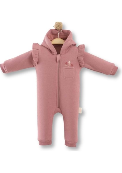 Kapüşonlu Çiçek Nakışlı Üç Iplik Şardonlu Tulum - Gül Kurusu - 9 - 12 Ay - NCX254059-GÜL Kurusu-9 - 12 Ay Gül Kurusu