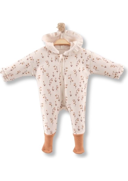 Kapüşonlu Çiçek Desenli Kaymaz Patikli Üç Iplik Şardonlu Tulum - Krem - 3 - 6 Ay Krem