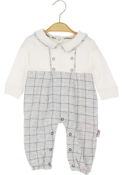 Kareli Alttan Çıtçıtlı Bebe Yaka Penye Tulum - Gri - 3 - 6 Ay - MRT9336-GRI-3 - 6 Ay Gri