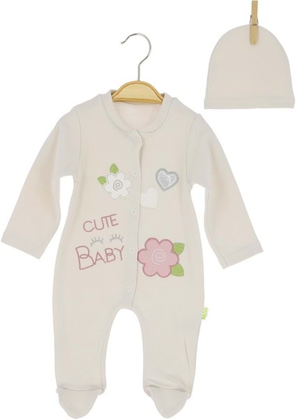 Papatya Kalp Nakışlı Şapkalı Patikli Penye Tulum - Krem - 3 - 6 Ay - HYT1249-KREM-3 - 6 Ay Krem