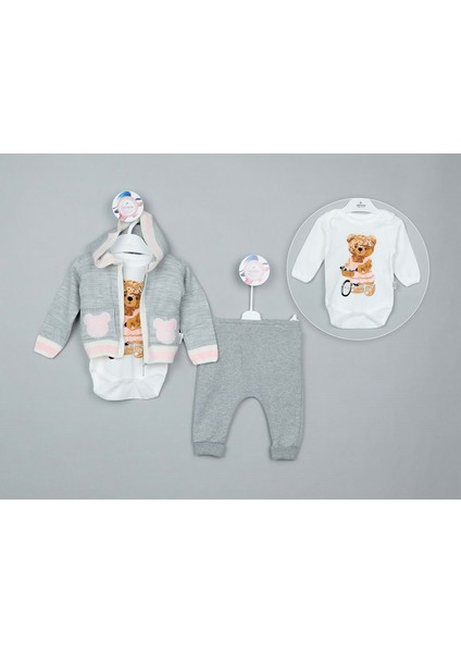 Kapüşonlu Ayılı Triko Hırkalı Üçlü Penye Alt Üst Takım - Pembe - 6 - 9 Ay - DNN13756-PEMBE-6 - 9 Ay Pembe