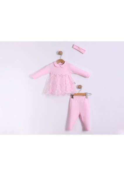 Bandanalı Tüllü Bebe Yaka Penye Alt Üst Takım - Pembe - 3 Ay - FND41149-PEMBE-3 Ay Pembe