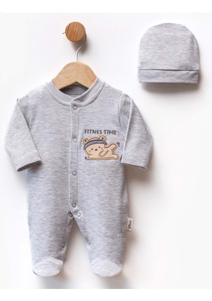 Fıtness Tıme Nakışlı Şapkalı Patikli Penye Tulum - Gri - 44 cm -Yenidoğan - FLE252361-GRI-44 cm -Yenidoğan Gri