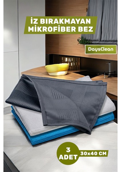 3'lü Mikrofiber Temizlik Bezi | Mutfak Cam Araba Temizlik Bezi | 30X40 | Leke ve Koku Yapmaz