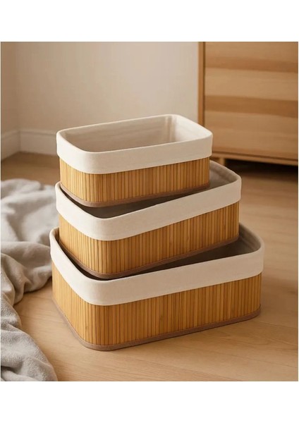 3’lü Dikdörtgen Bambu Sepet Organizer Düzenleyici Saklama Kutusu