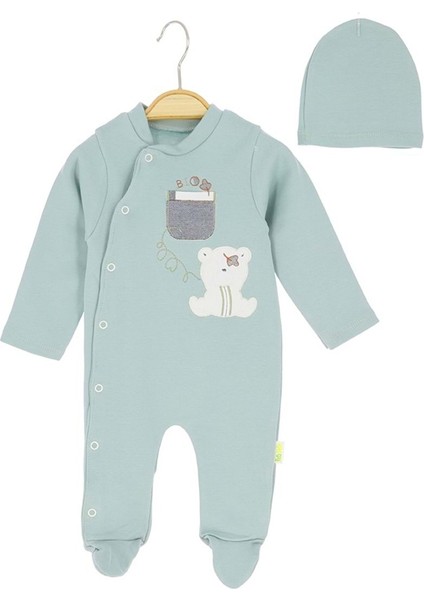 Ayı Nakışlı Şapkalı Penye Patikli Tulum - Mint Yeşili - 3 - 6 Ay - HYT1245-MINT Yeşili-3 - 6 Ay Mint Yeşili